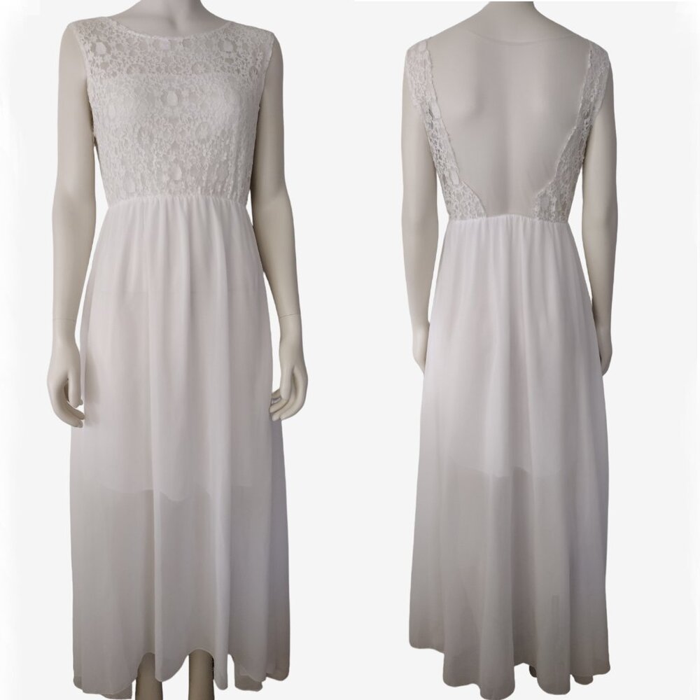 Vintage 90s Poly Chiffon White Lace Sheer Back Sleeveless Maxi Nightgown